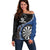 Personalised New Zealand Darts Off Shoulder Sweater Koru Tribal Tattoo and Silver Fern Maori Pattern Blue Color