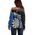 Personalised New Zealand Darts Off Shoulder Sweater Koru Tribal Tattoo and Silver Fern Maori Pattern Blue Color