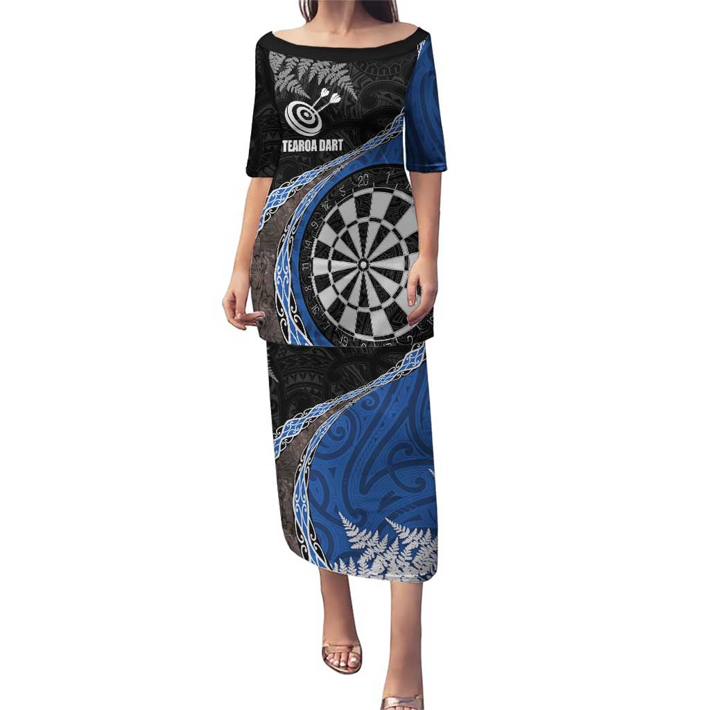 Personalised New Zealand Darts Puletasi Koru Tribal Tattoo and Silver Fern Maori Pattern Blue Color