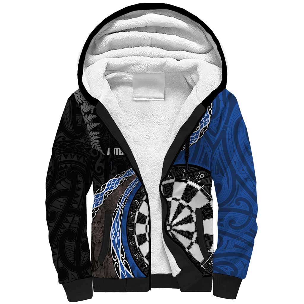 Personalised New Zealand Darts Sherpa Hoodie Koru Tribal Tattoo and Silver Fern Maori Pattern Blue Color