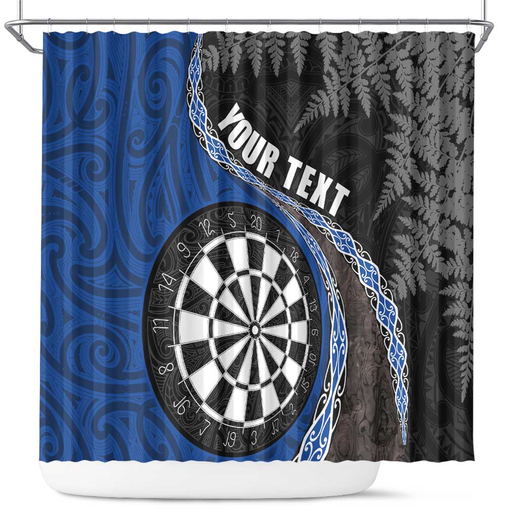 Personalised New Zealand Darts Shower Curtain Koru Tribal Tattoo and Silver Fern Maori Pattern Blue Color