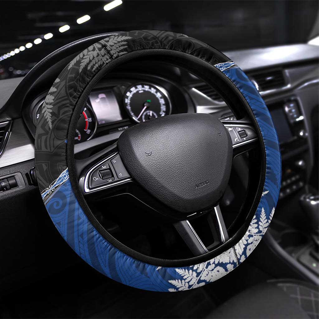 New Zealand Darts Steering Wheel Cover Koru Tribal Tattoo and Silver Fern Maori Pattern Blue Color