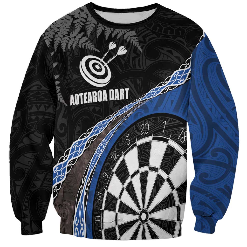 Personalised New Zealand Darts Sweatshirt Koru Tribal Tattoo and Silver Fern Maori Pattern Blue Color