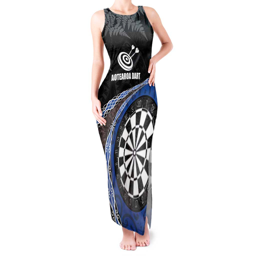 Personalised New Zealand Darts Tank Maxi Dress Koru Tribal Tattoo and Silver Fern Maori Pattern Blue Color