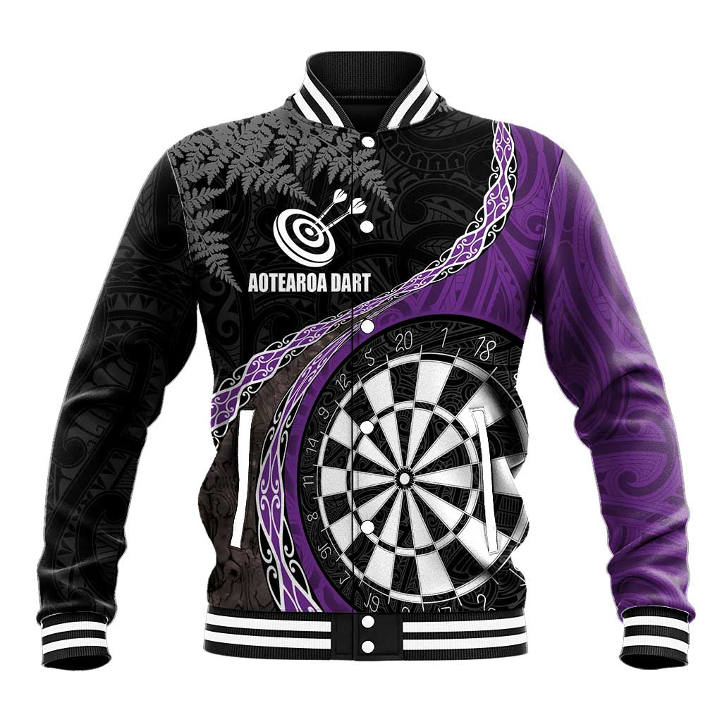 Personalised New Zealand Darts Baseball Jacket Koru Tribal Tattoo and Silver Fern Maori Pattern Purple Color