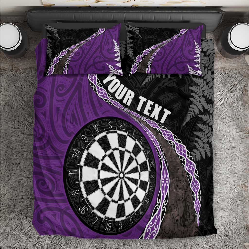 Personalised New Zealand Darts Bedding Set Koru Tribal Tattoo and Silver Fern Maori Pattern Purple Color