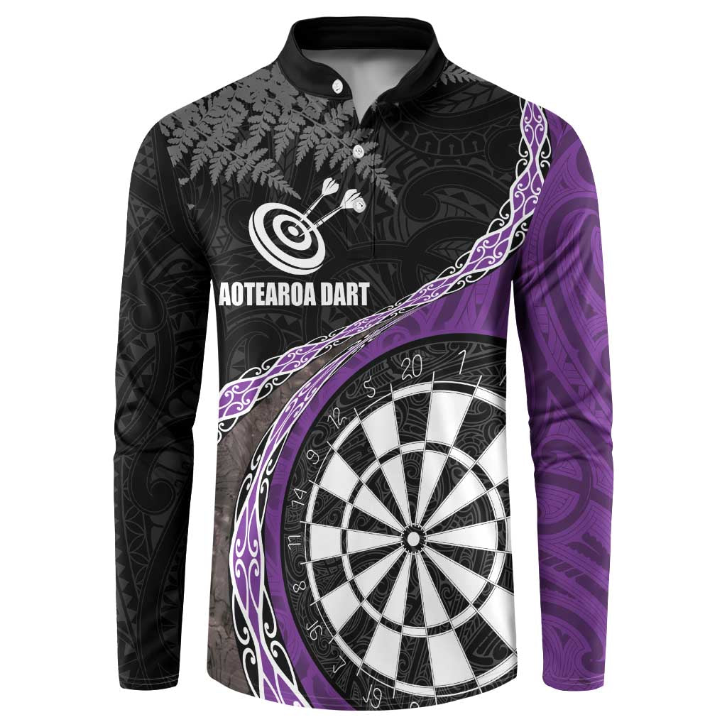 Personalised New Zealand Darts Button Sweatshirt Koru Tribal Tattoo and Silver Fern Maori Pattern Purple Color LT03 Purple - Polynesian Pride