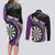 Personalised New Zealand Darts Couples Matching Long Sleeve Bodycon Dress and Long Sleeve Button Shirt Koru Tribal Tattoo and Silver Fern Maori Pattern Purple Color