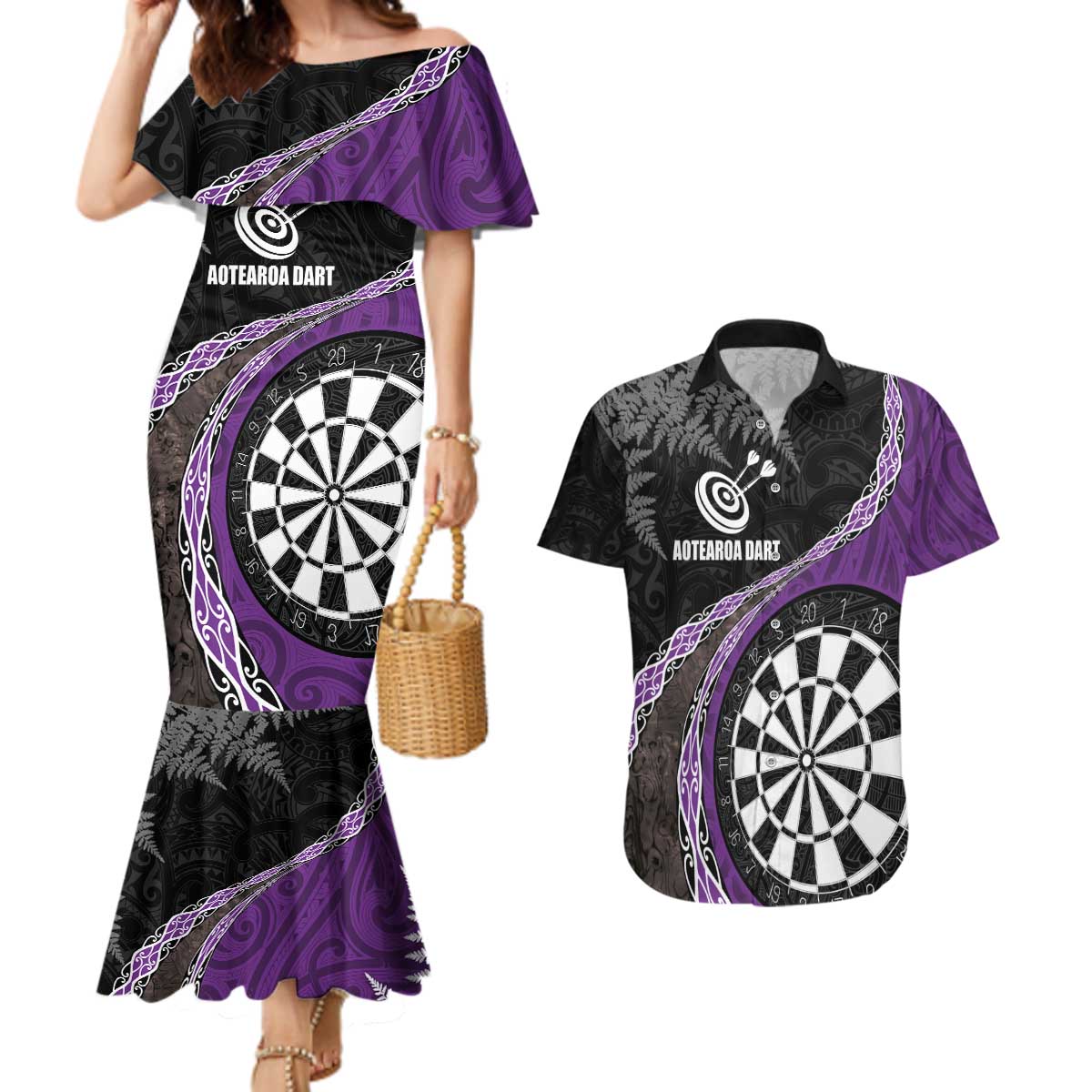 Personalised New Zealand Darts Couples Matching Mermaid Dress and Hawaiian Shirt Koru Tribal Tattoo and Silver Fern Maori Pattern Purple Color