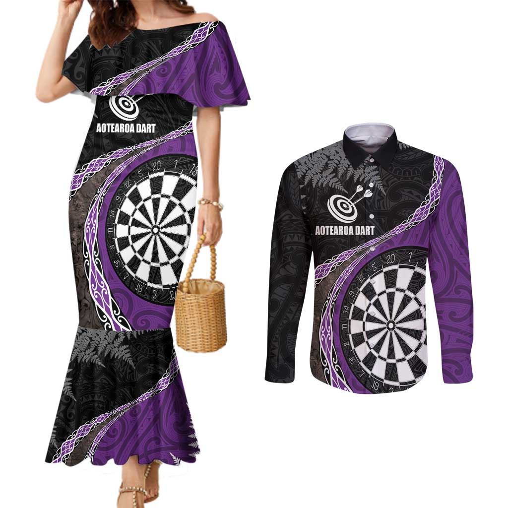 Personalised New Zealand Darts Couples Matching Mermaid Dress and Long Sleeve Button Shirt Koru Tribal Tattoo and Silver Fern Maori Pattern Purple Color