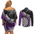 Personalised New Zealand Darts Couples Matching Off Shoulder Short Dress and Long Sleeve Button Shirt Koru Tribal Tattoo and Silver Fern Maori Pattern Purple Color