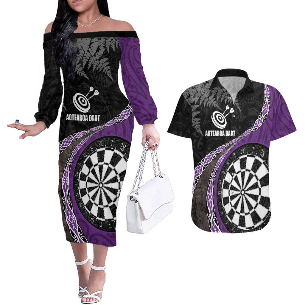 Personalised New Zealand Darts Couples Matching Off The Shoulder Long Sleeve Dress and Hawaiian Shirt Koru Tribal Tattoo and Silver Fern Maori Pattern Purple Color