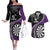 Personalised New Zealand Darts Couples Matching Off The Shoulder Long Sleeve Dress and Hawaiian Shirt Koru Tribal Tattoo and Silver Fern Maori Pattern Purple Color