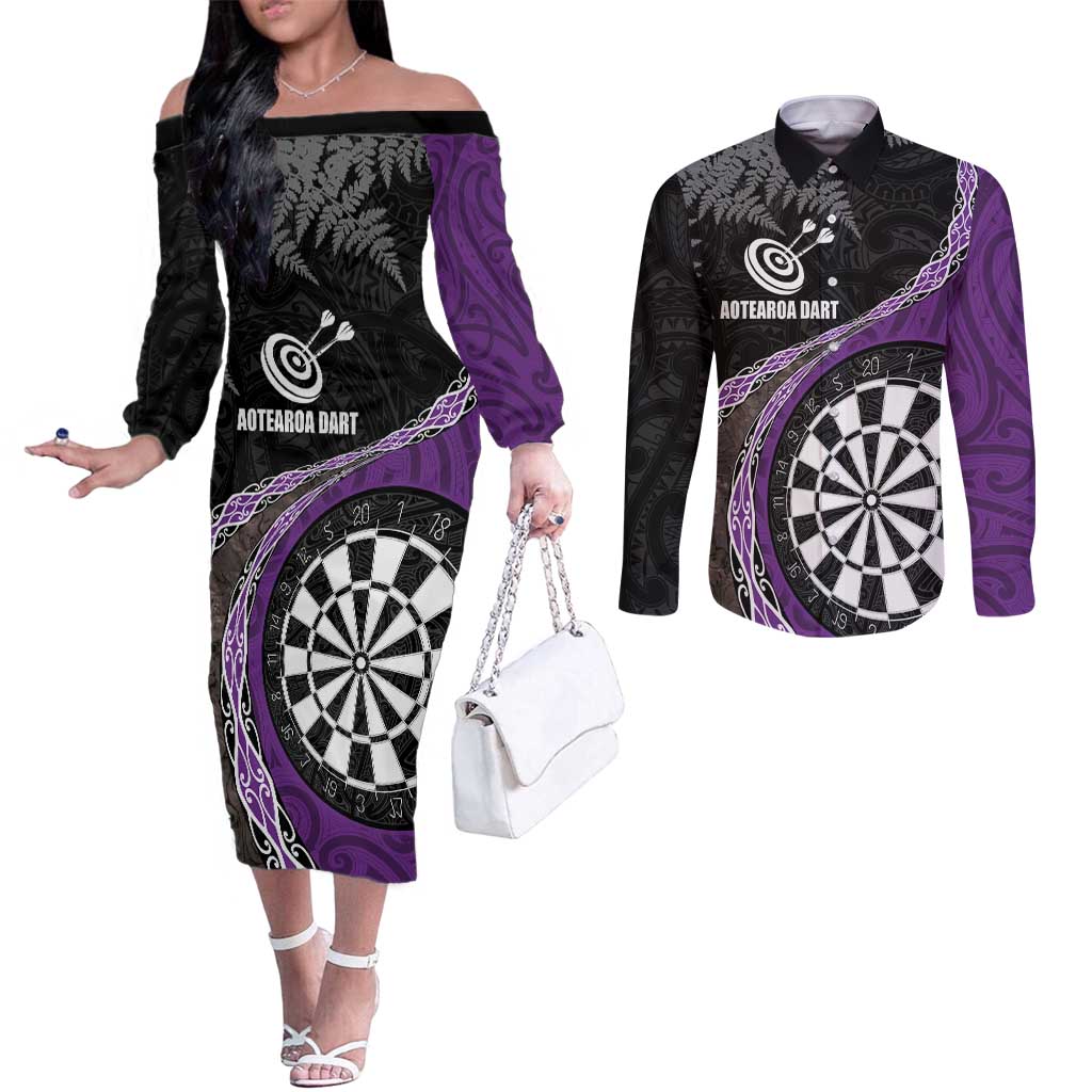 Personalised New Zealand Darts Couples Matching Off The Shoulder Long Sleeve Dress and Long Sleeve Button Shirt Koru Tribal Tattoo and Silver Fern Maori Pattern Purple Color LT03 Purple - Polynesian Pride