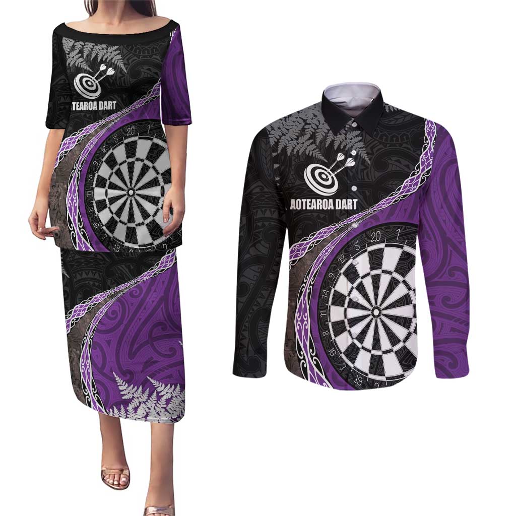 Personalised New Zealand Darts Couples Matching Puletasi and Long Sleeve Button Shirt Koru Tribal Tattoo and Silver Fern Maori Pattern Purple Color LT03 Purple - Polynesian Pride