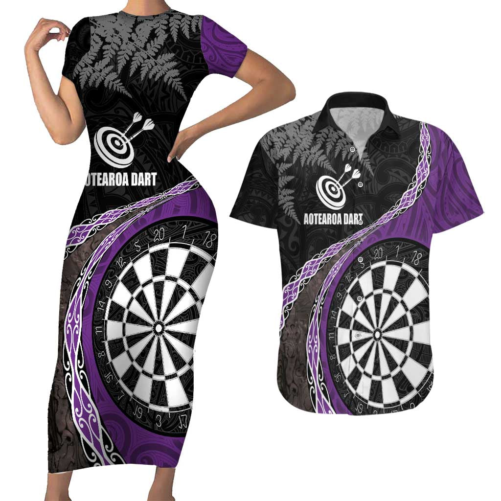 Personalised New Zealand Darts Couples Matching Short Sleeve Bodycon Dress and Hawaiian Shirt Koru Tribal Tattoo and Silver Fern Maori Pattern Purple Color LT03 Purple - Polynesian Pride