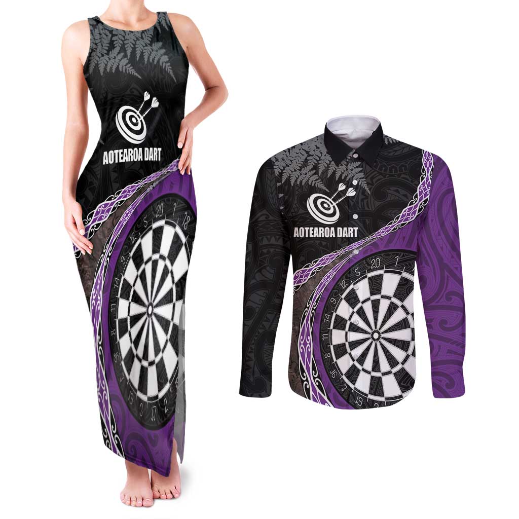 Personalised New Zealand Darts Couples Matching Tank Maxi Dress and Long Sleeve Button Shirt Koru Tribal Tattoo and Silver Fern Maori Pattern Purple Color