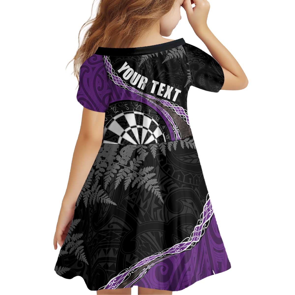 Personalised New Zealand Darts Family Matching Off Shoulder Short Dress and Hawaiian Shirt Koru Tribal Tattoo and Silver Fern Maori Pattern Purple Color