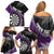 Personalised New Zealand Darts Family Matching Off Shoulder Short Dress and Hawaiian Shirt Koru Tribal Tattoo and Silver Fern Maori Pattern Purple Color