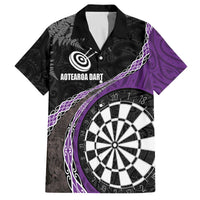 Personalised New Zealand Darts Family Matching Off Shoulder Short Dress and Hawaiian Shirt Koru Tribal Tattoo and Silver Fern Maori Pattern Purple Color