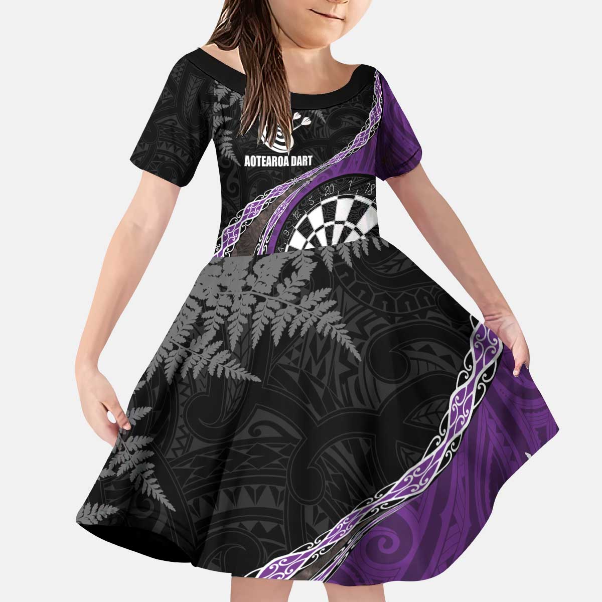 Personalised New Zealand Darts Family Matching Puletasi and Hawaiian Shirt Koru Tribal Tattoo and Silver Fern Maori Pattern Purple Color LT03 Daughter's Dress Purple - Polynesian Pride