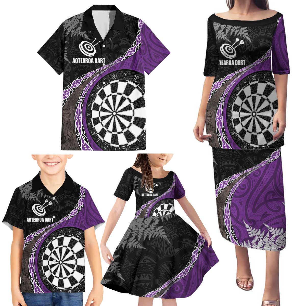 Personalised New Zealand Darts Family Matching Puletasi and Hawaiian Shirt Koru Tribal Tattoo and Silver Fern Maori Pattern Purple Color