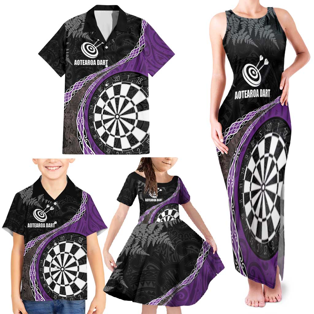 Personalised New Zealand Darts Family Matching Tank Maxi Dress and Hawaiian Shirt Koru Tribal Tattoo and Silver Fern Maori Pattern Purple Color LT03 - Polynesian Pride