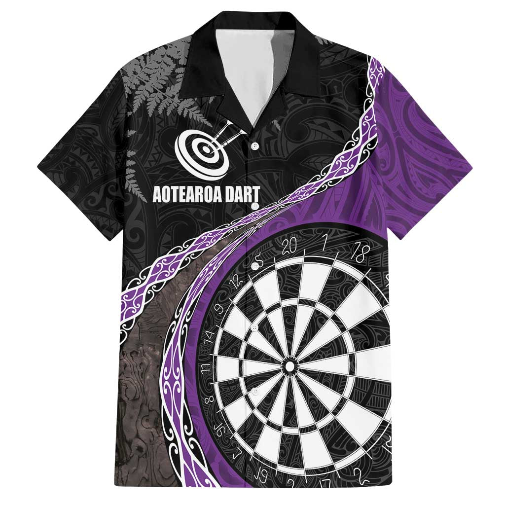 Personalised New Zealand Darts Hawaiian Shirt Koru Tribal Tattoo and Silver Fern Maori Pattern Purple Color