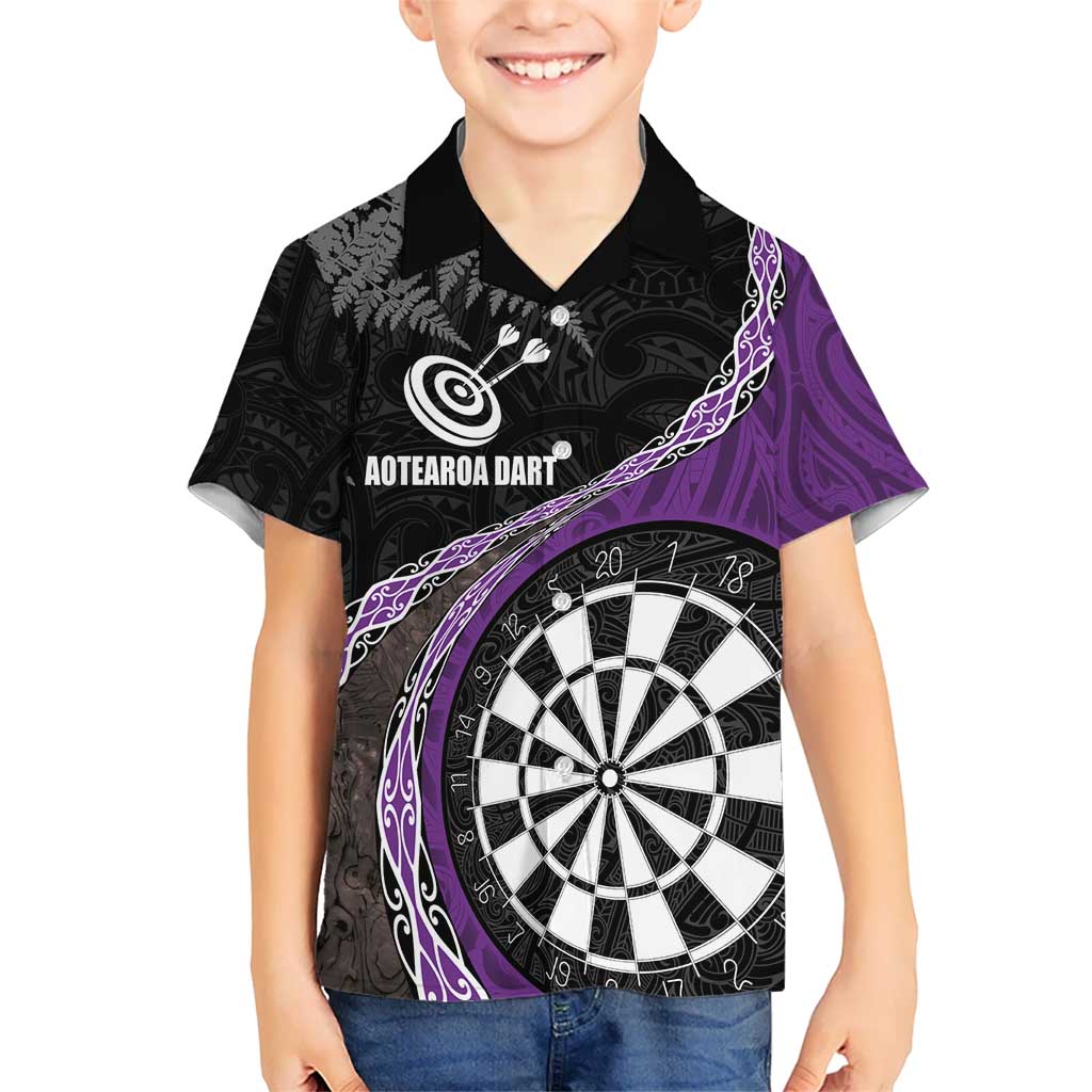 Personalised New Zealand Darts Kid Hawaiian Shirt Koru Tribal Tattoo and Silver Fern Maori Pattern Purple Color