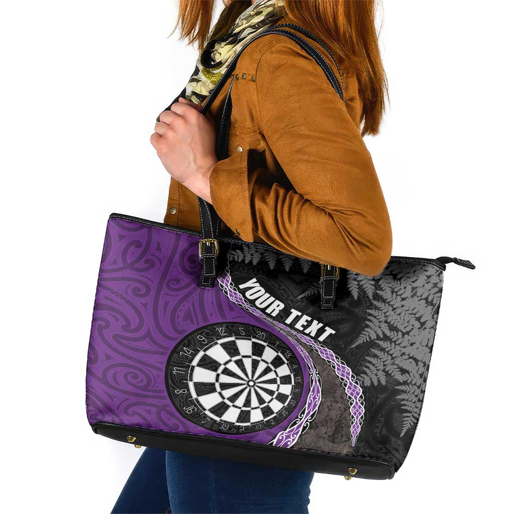 Personalised New Zealand Darts Leather Tote Bag Koru Tribal Tattoo and Silver Fern Maori Pattern Purple Color