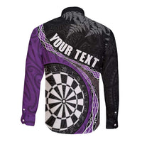Personalised New Zealand Darts Long Sleeve Button Shirt Koru Tribal Tattoo and Silver Fern Maori Pattern Purple Color
