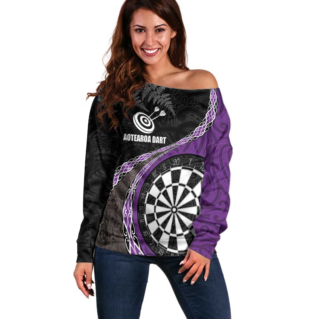 Personalised New Zealand Darts Off Shoulder Sweater Koru Tribal Tattoo and Silver Fern Maori Pattern Purple Color