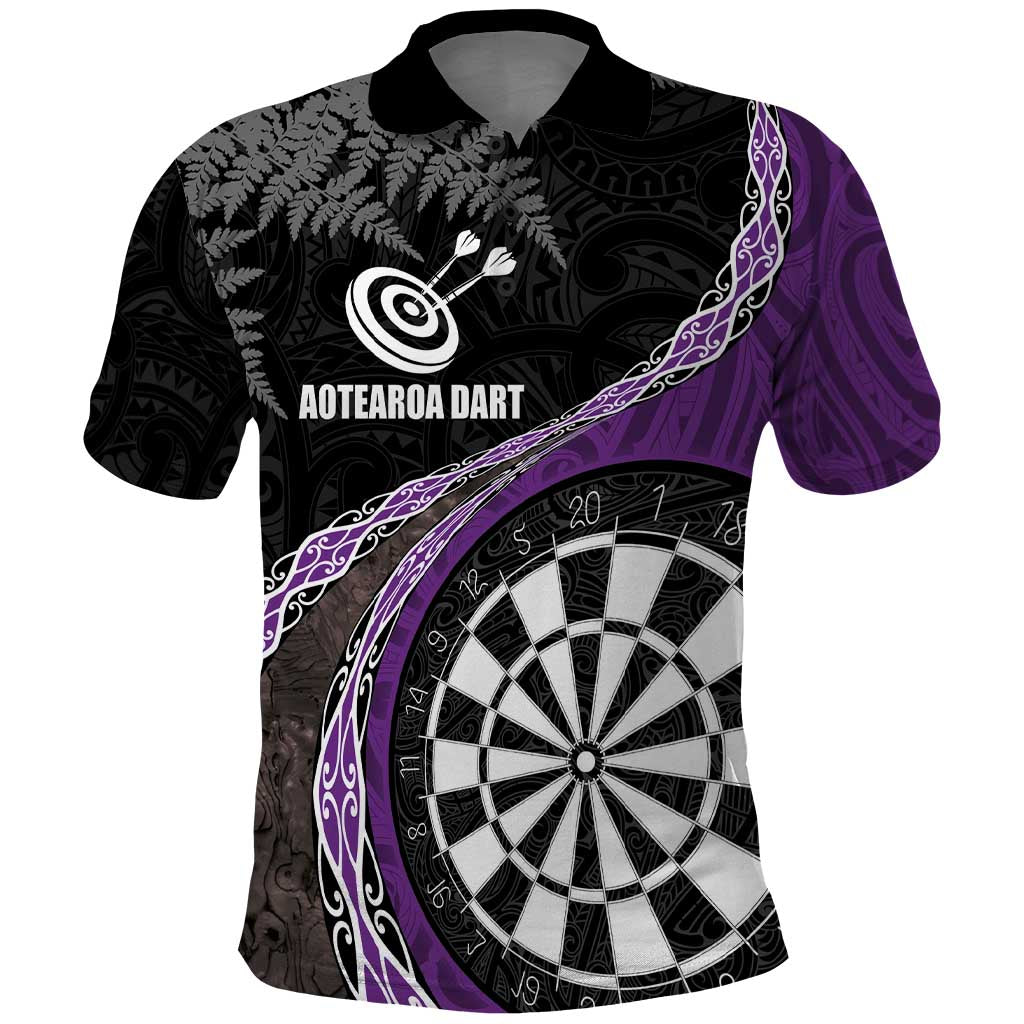 Personalised New Zealand Darts Polo Shirt Koru Tribal Tattoo and Silver Fern Maori Pattern Purple Color