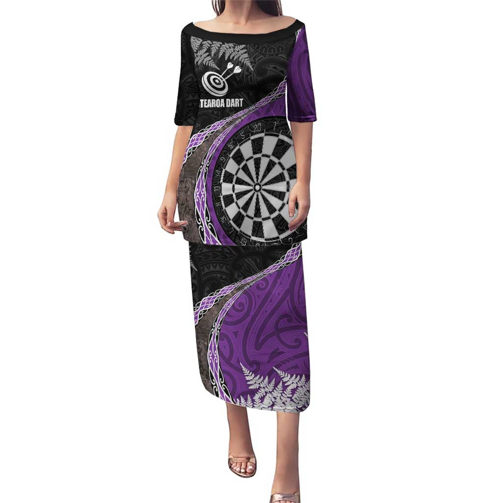 Personalised New Zealand Darts Puletasi Koru Tribal Tattoo and Silver Fern Maori Pattern Purple Color LT03 Long Dress Purple - Polynesian Pride