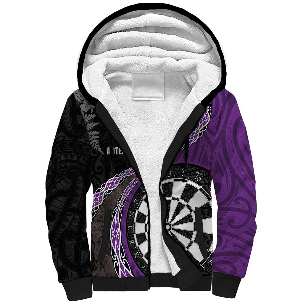 Personalised New Zealand Darts Sherpa Hoodie Koru Tribal Tattoo and Silver Fern Maori Pattern Purple Color LT03 Unisex Purple - Polynesian Pride