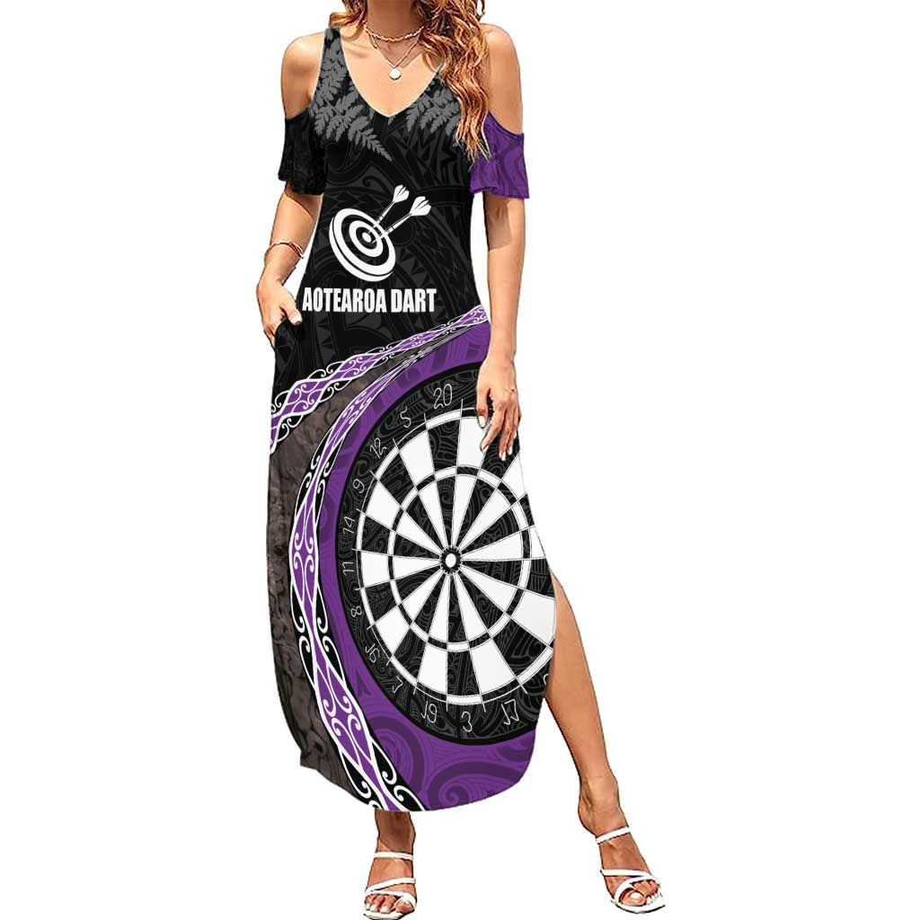 Personalised New Zealand Darts Summer Maxi Dress Koru Tribal Tattoo and Silver Fern Maori Pattern Purple Color