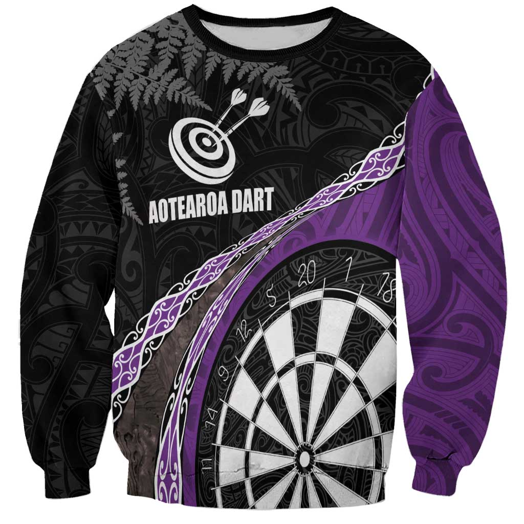 Personalised New Zealand Darts Sweatshirt Koru Tribal Tattoo and Silver Fern Maori Pattern Purple Color