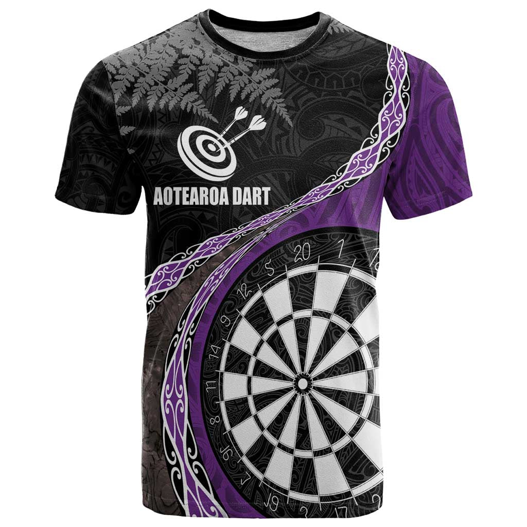 Personalised New Zealand Darts T Shirt Koru Tribal Tattoo and Silver Fern Maori Pattern Purple Color