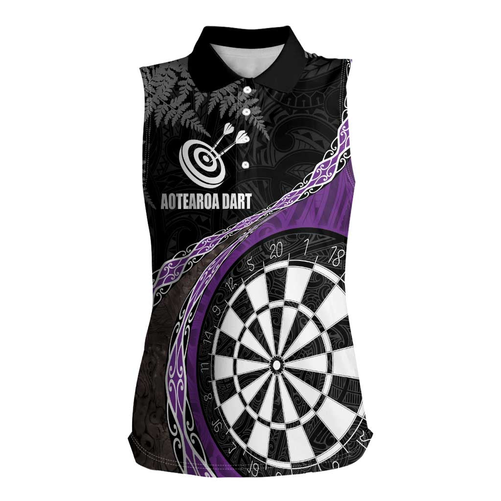 Personalised New Zealand Darts Women Sleeveless Polo Shirt Koru Tribal Tattoo and Silver Fern Maori Pattern Purple Color