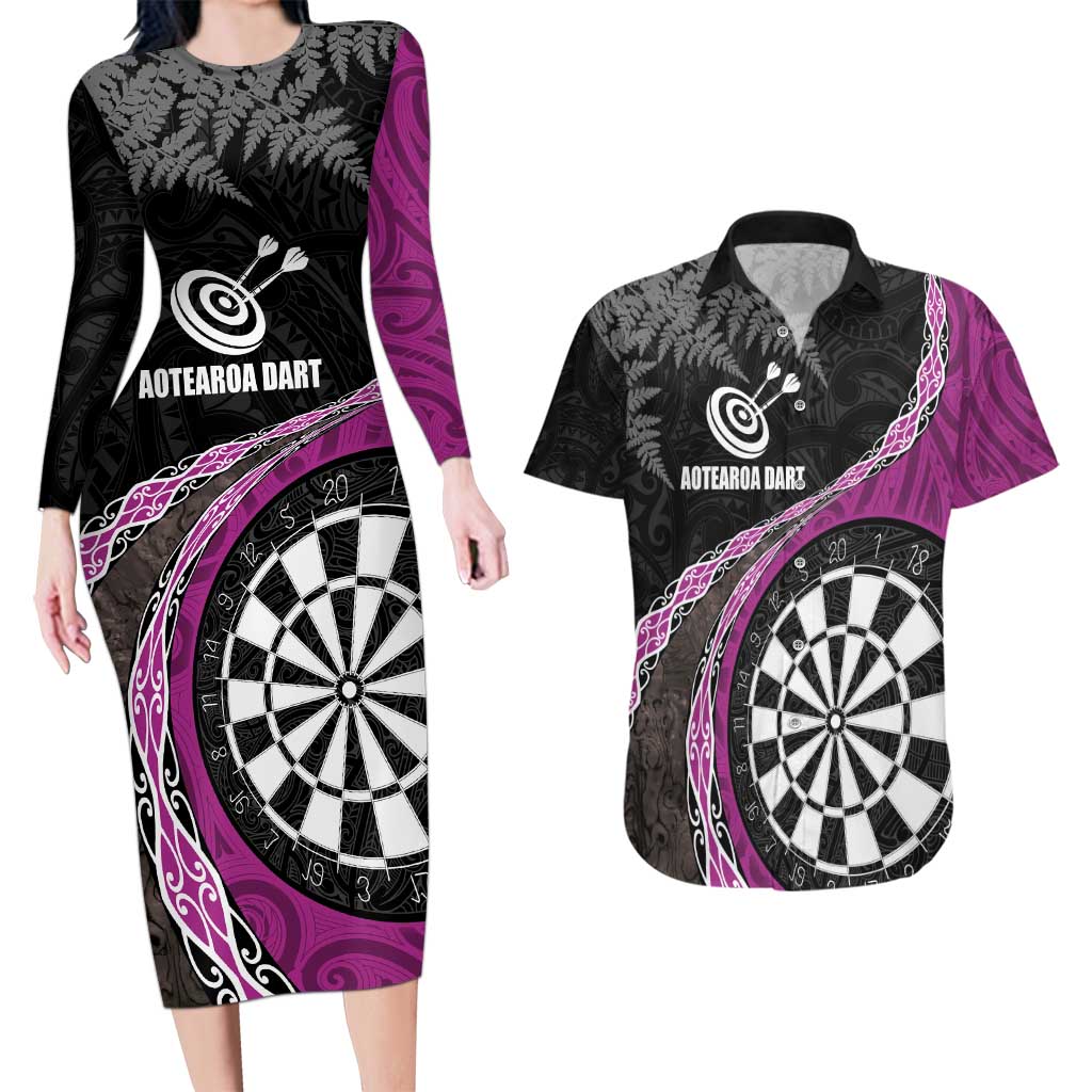 Personalised New Zealand Darts Couples Matching Long Sleeve Bodycon Dress and Hawaiian Shirt Koru Tribal Tattoo and Silver Fern Maori Pattern Pink Color LT03 Pink - Polynesian Pride
