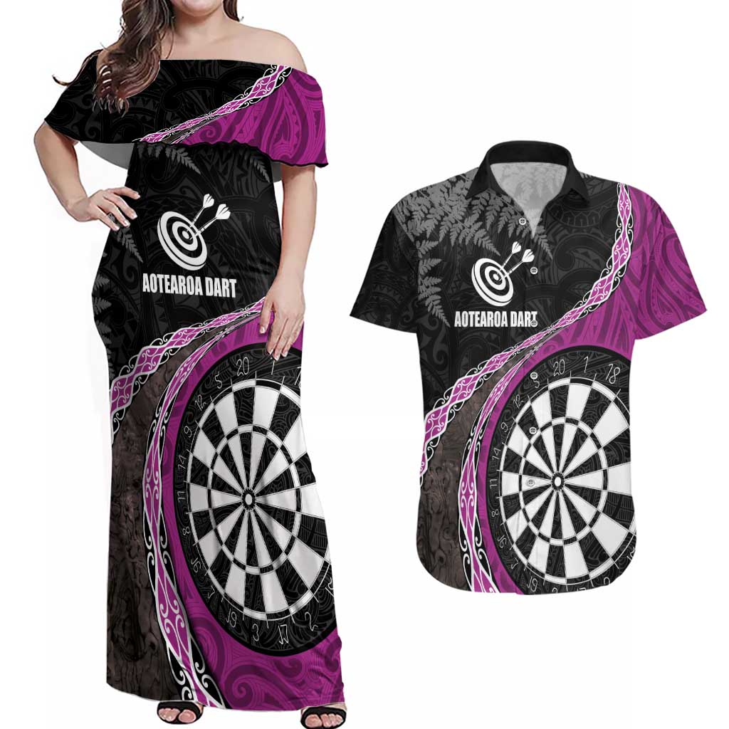 Personalised New Zealand Darts Couples Matching Off Shoulder Maxi Dress and Hawaiian Shirt Koru Tribal Tattoo and Silver Fern Maori Pattern Pink Color