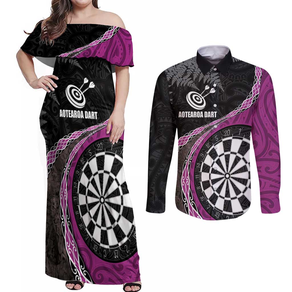 Personalised New Zealand Darts Couples Matching Off Shoulder Maxi Dress and Long Sleeve Button Shirt Koru Tribal Tattoo and Silver Fern Maori Pattern Pink Color