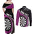 Personalised New Zealand Darts Couples Matching Off Shoulder Maxi Dress and Long Sleeve Button Shirt Koru Tribal Tattoo and Silver Fern Maori Pattern Pink Color