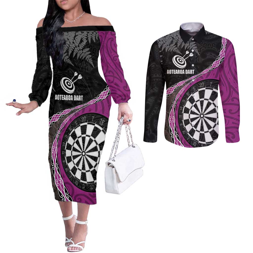 Personalised New Zealand Darts Couples Matching Off The Shoulder Long Sleeve Dress and Long Sleeve Button Shirt Koru Tribal Tattoo and Silver Fern Maori Pattern Pink Color