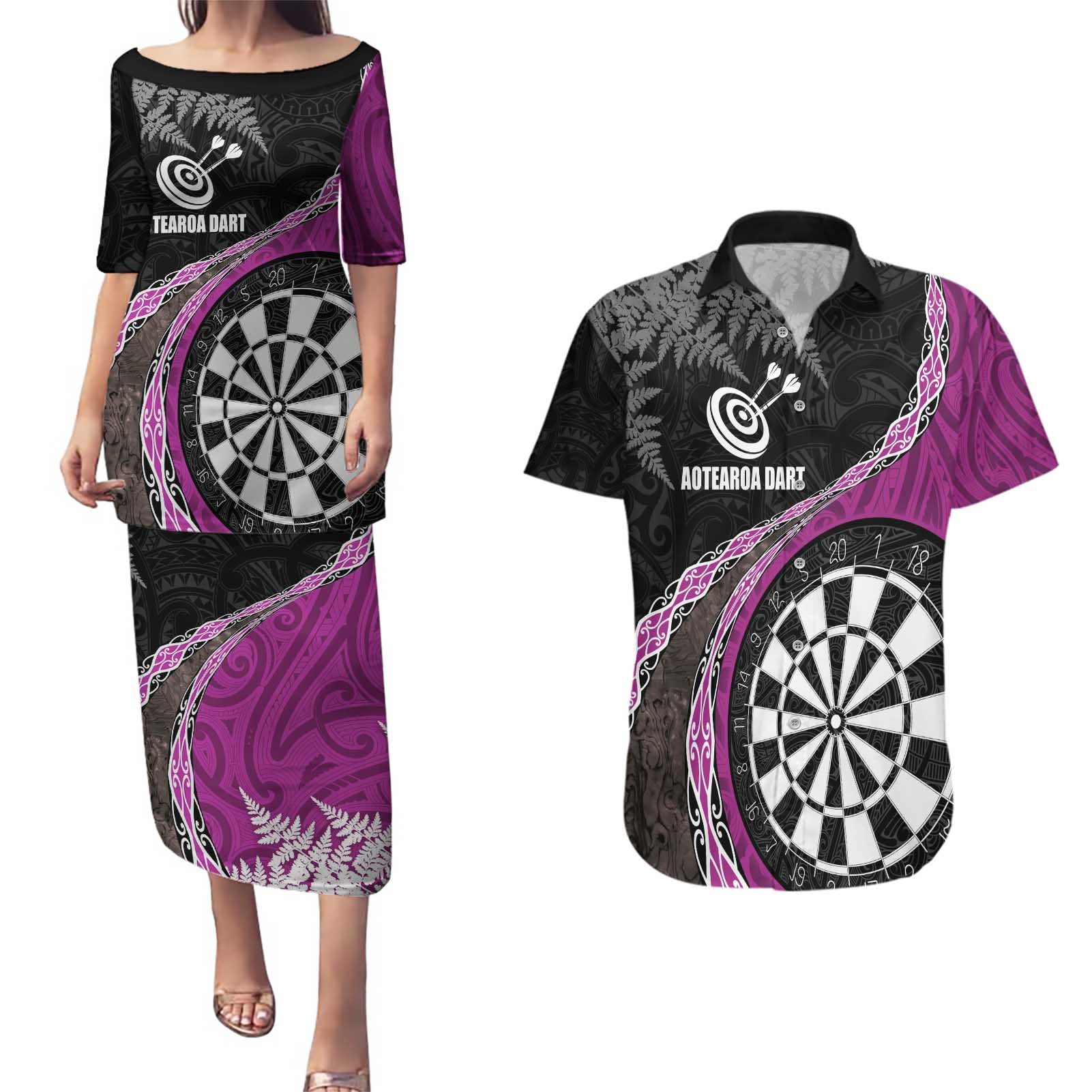 Personalised New Zealand Darts Couples Matching Puletasi and Hawaiian Shirt Koru Tribal Tattoo and Silver Fern Maori Pattern Pink Color