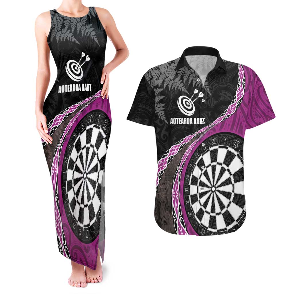 Personalised New Zealand Darts Couples Matching Tank Maxi Dress and Hawaiian Shirt Koru Tribal Tattoo and Silver Fern Maori Pattern Pink Color