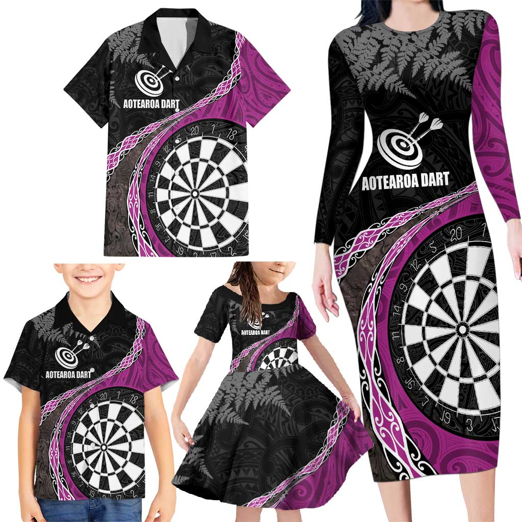 Personalised New Zealand Darts Family Matching Long Sleeve Bodycon Dress and Hawaiian Shirt Koru Tribal Tattoo and Silver Fern Maori Pattern Pink Color