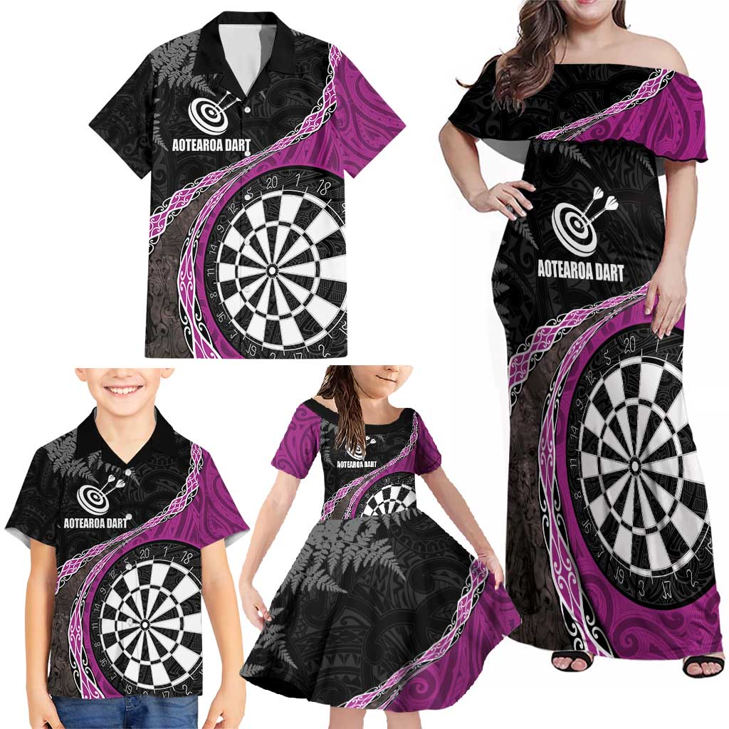 Personalised New Zealand Darts Family Matching Off Shoulder Maxi Dress and Hawaiian Shirt Koru Tribal Tattoo and Silver Fern Maori Pattern Pink Color