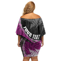 Personalised New Zealand Darts Family Matching Off Shoulder Short Dress and Hawaiian Shirt Koru Tribal Tattoo and Silver Fern Maori Pattern Pink Color