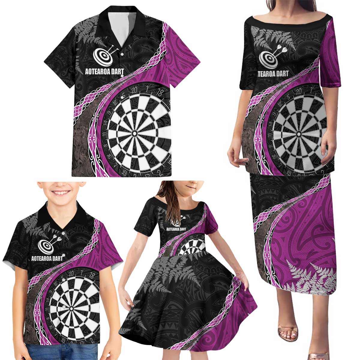 Personalised New Zealand Darts Family Matching Puletasi and Hawaiian Shirt Koru Tribal Tattoo and Silver Fern Maori Pattern Pink Color LT03 - Polynesian Pride